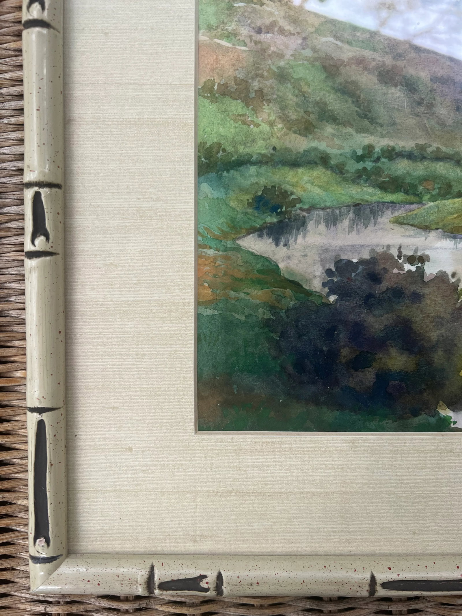 Watercolor Landscape River Painting in Faux Bamboo Frame - 3