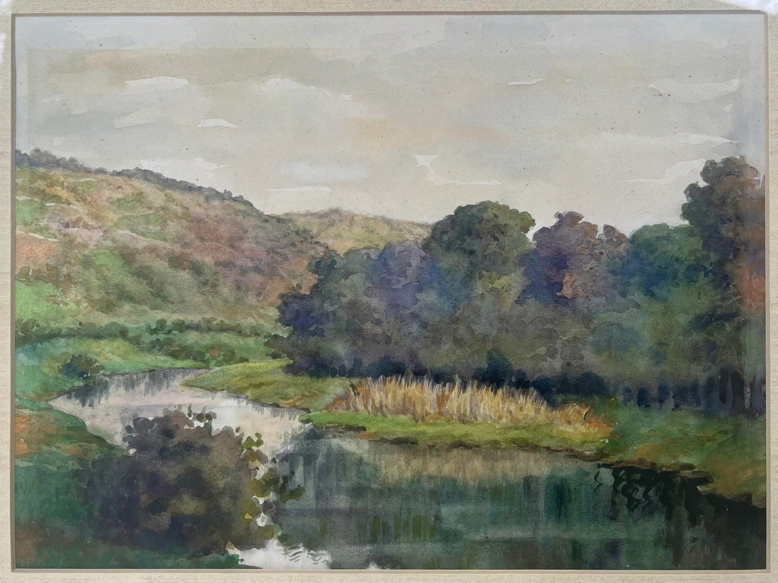 Watercolor Landscape River Painting in Faux Bamboo Frame - 4