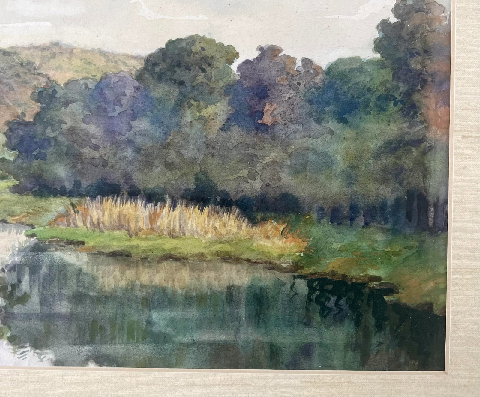 Watercolor Landscape River Painting in Faux Bamboo Frame - 5