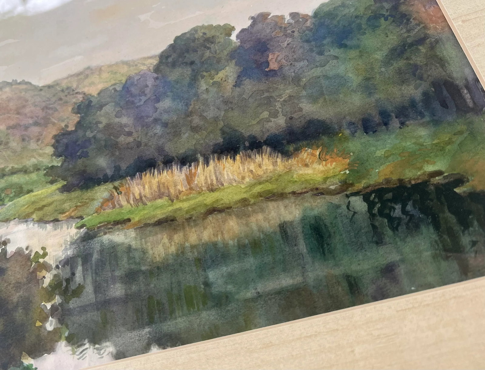 Watercolor Landscape River Painting in Faux Bamboo Frame - 6