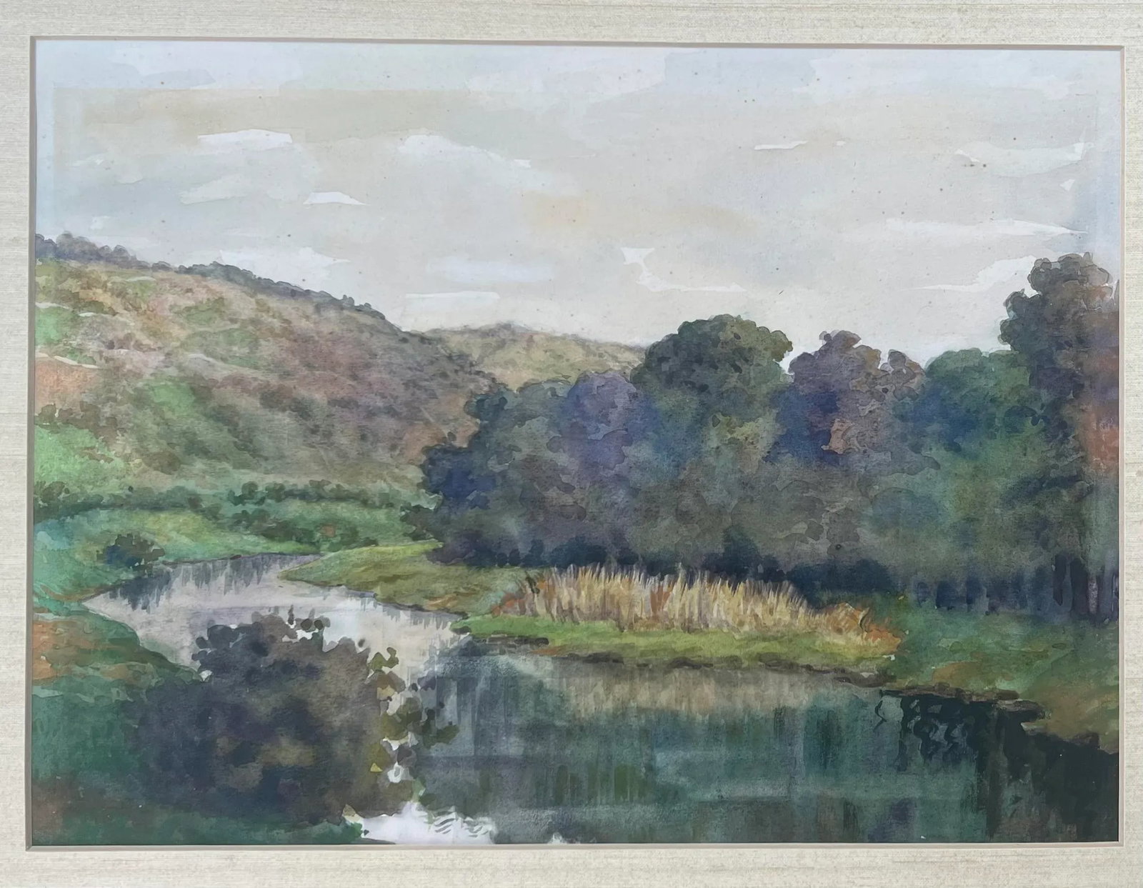 Watercolor Landscape River Painting in Faux Bamboo Frame - 7