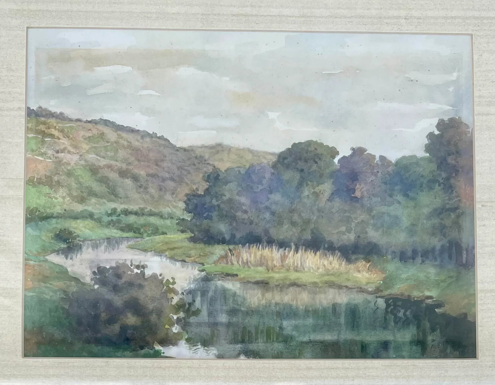 Watercolor Landscape River Painting in Faux Bamboo Frame - 8