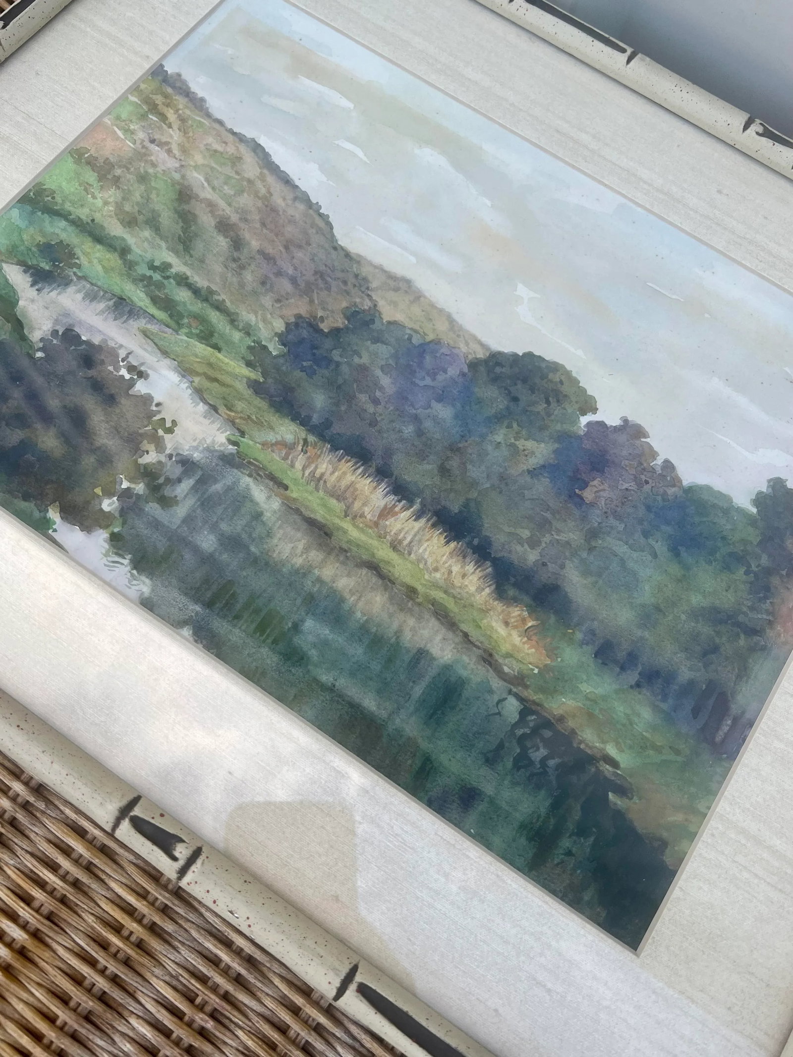 Watercolor Landscape River Painting in Faux Bamboo Frame - 9