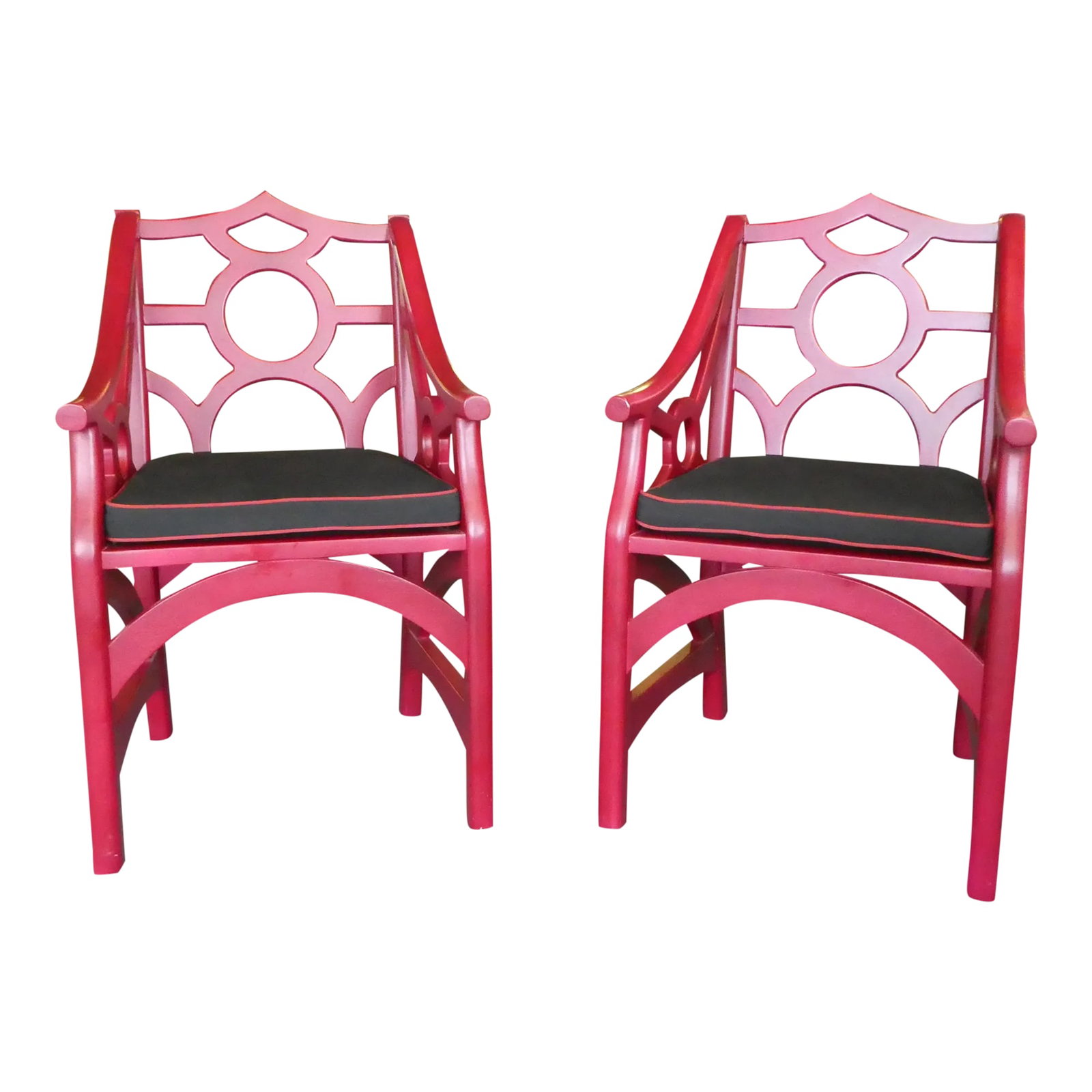 Grandinroad Red Chinese Chippendale Arm Chairs - a Pair: 2 Vintage Grandinroad Fire Engine Red Chinese Chippendale Arm Chairs Discontinued- A Pair sold as found in vintage condition previously owned showing signs of use. Condition: Alterations: Original