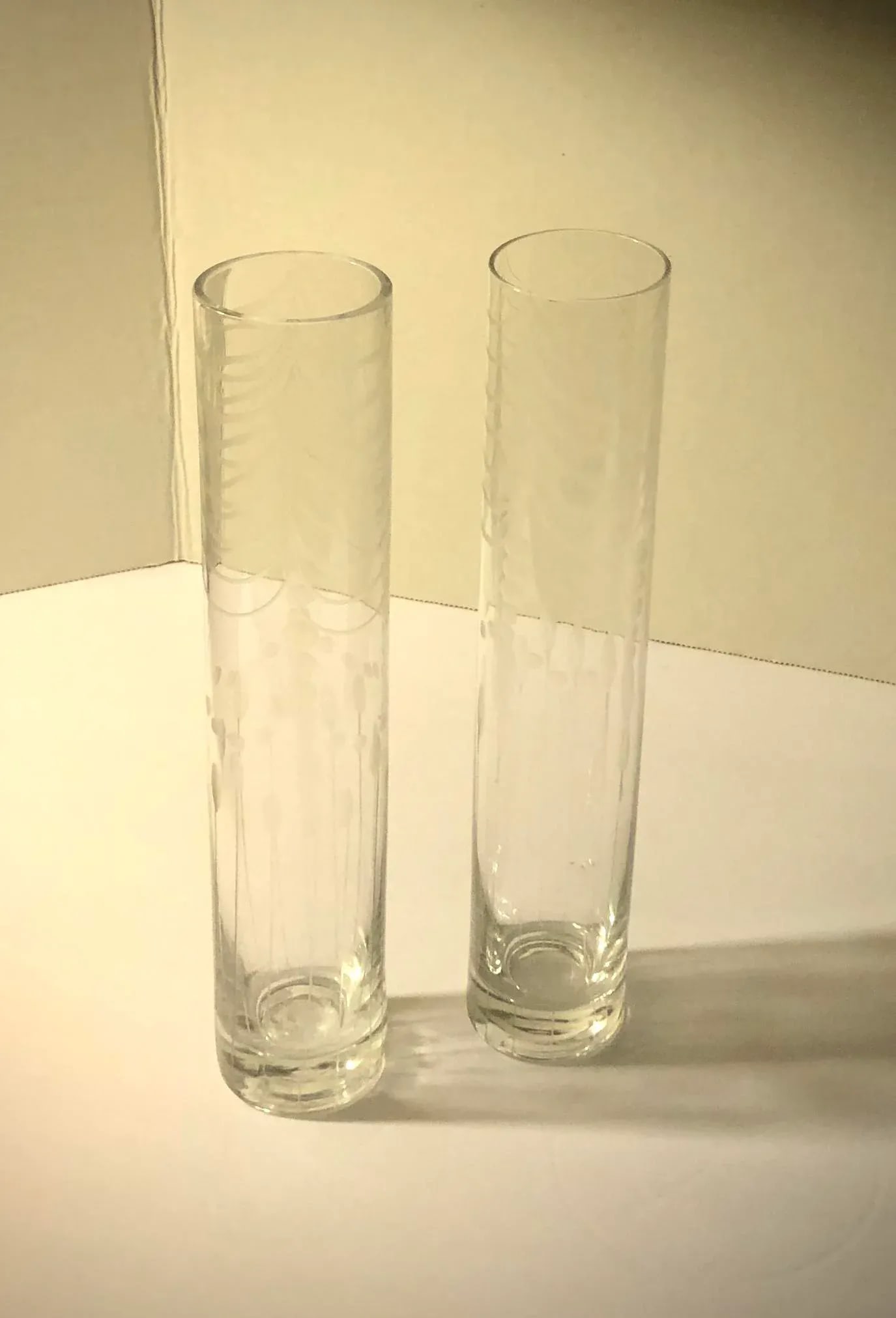 Etched Clear Glass Bud Vase - A Pair - 12