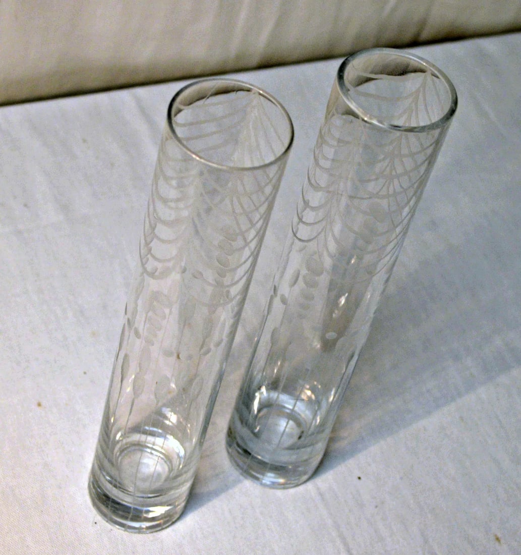Etched Clear Glass Bud Vase - A Pair - 3