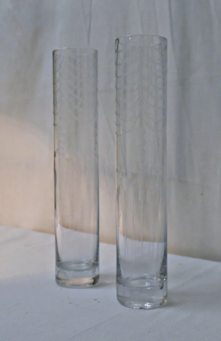 Etched Clear Glass Bud Vase - A Pair - 8