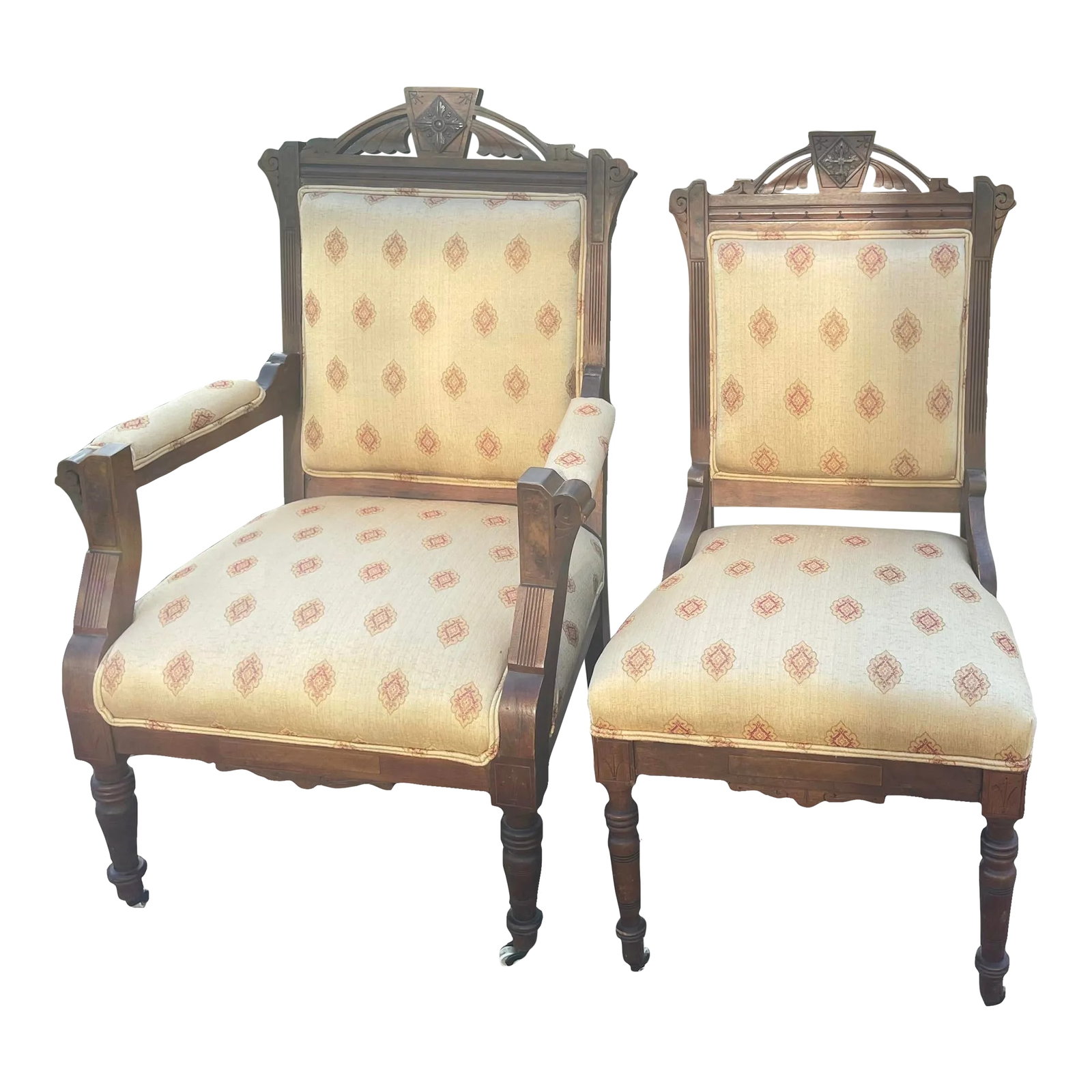 Early 20th Century Vintage Eastlake Chairs - a Pair: Stunning pair of Eastlake Ladies and Gentlemen Parlor Chairs Elegant upholstery, front castors, solid construction and so very comfortable! Please zoom in to admire the many gorgeous details. Bring th