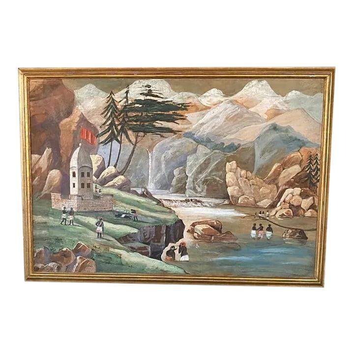 Mid 20th Century Original Modern Landscape Oil Painting of Figures on the Ganges River, Framed (1 of 8)