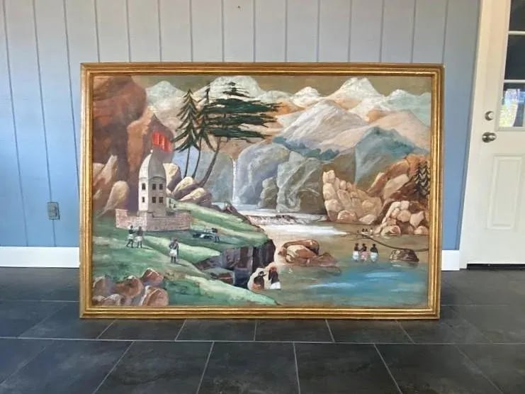 Mid 20th Century Original Modern Landscape Oil Painting of Figures on the Ganges River, Framed - 2