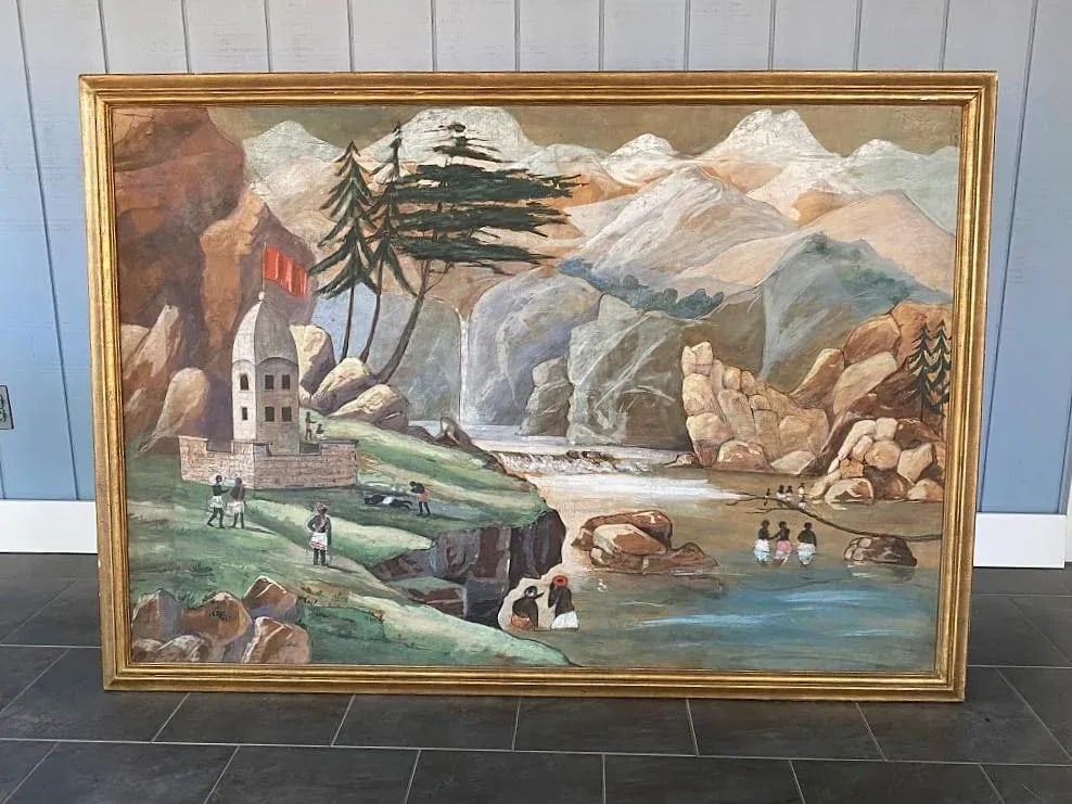 Mid 20th Century Original Modern Landscape Oil Painting of Figures on the Ganges River, Framed - 6