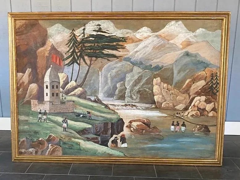 Mid 20th Century Original Modern Landscape Oil Painting of Figures on the Ganges River, Framed - 8