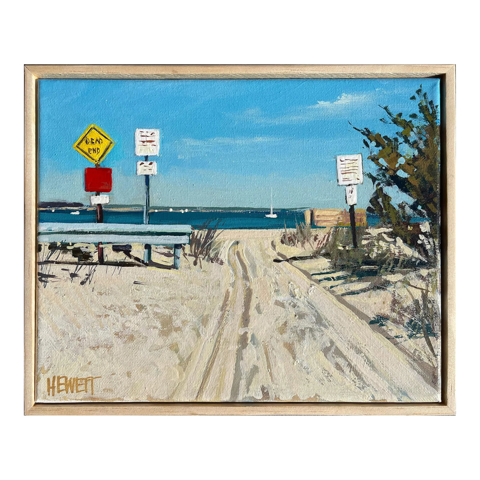 "Beach Access" Contemporary Coastal Landscape Acrylic Painting by Scott Hewett, Framed: Acrylic on Canvas painting of an idyllic view of beach entrance and the bay on a bright sunny day in Long Island, NY. Flanked by signs, beach foliage, tire tracks in the sand, sailboat moored in the