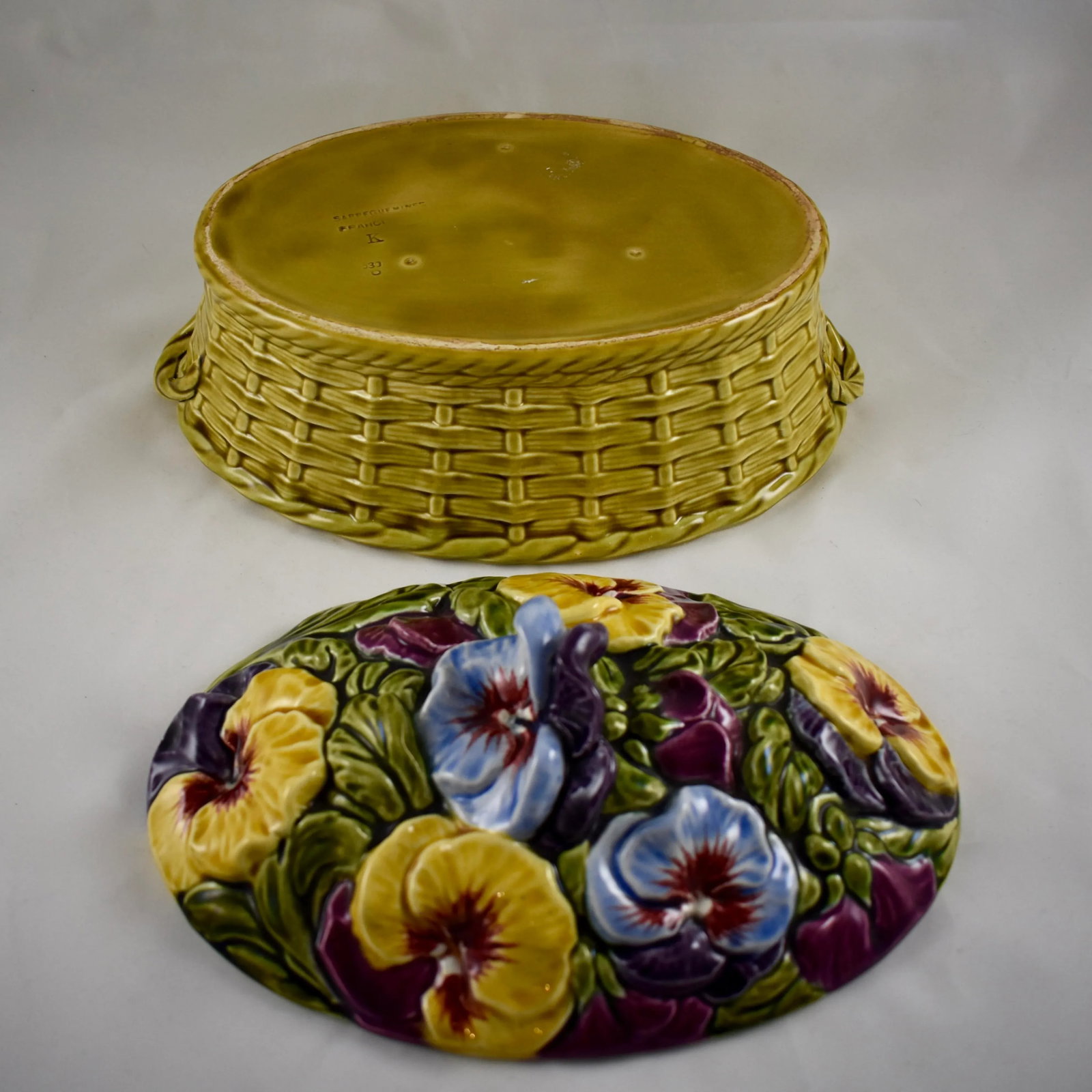 Sarreguemines French Faience Basket of Pansies Lidded Serving Piece - 8