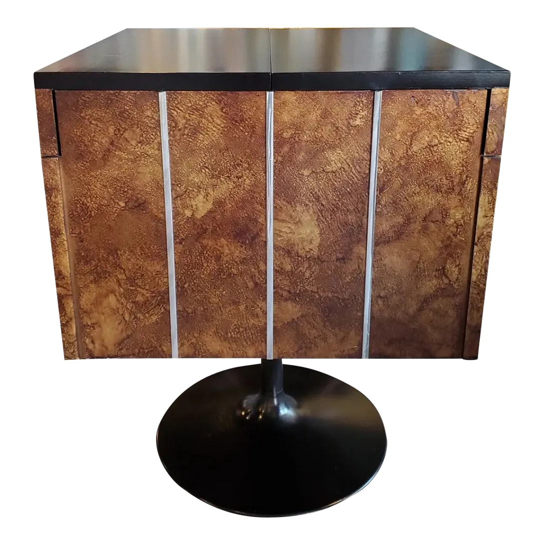 1950s Vintage Mid-Century Modern Mini Swivel Bar by Lane Furniture: An amazing midcentury small mini bar by Lane Furniture. This compact bar opens up to unveil a 15 inch deep bar stash area with a drop in shelf. The top turns into a small table with a black laminate