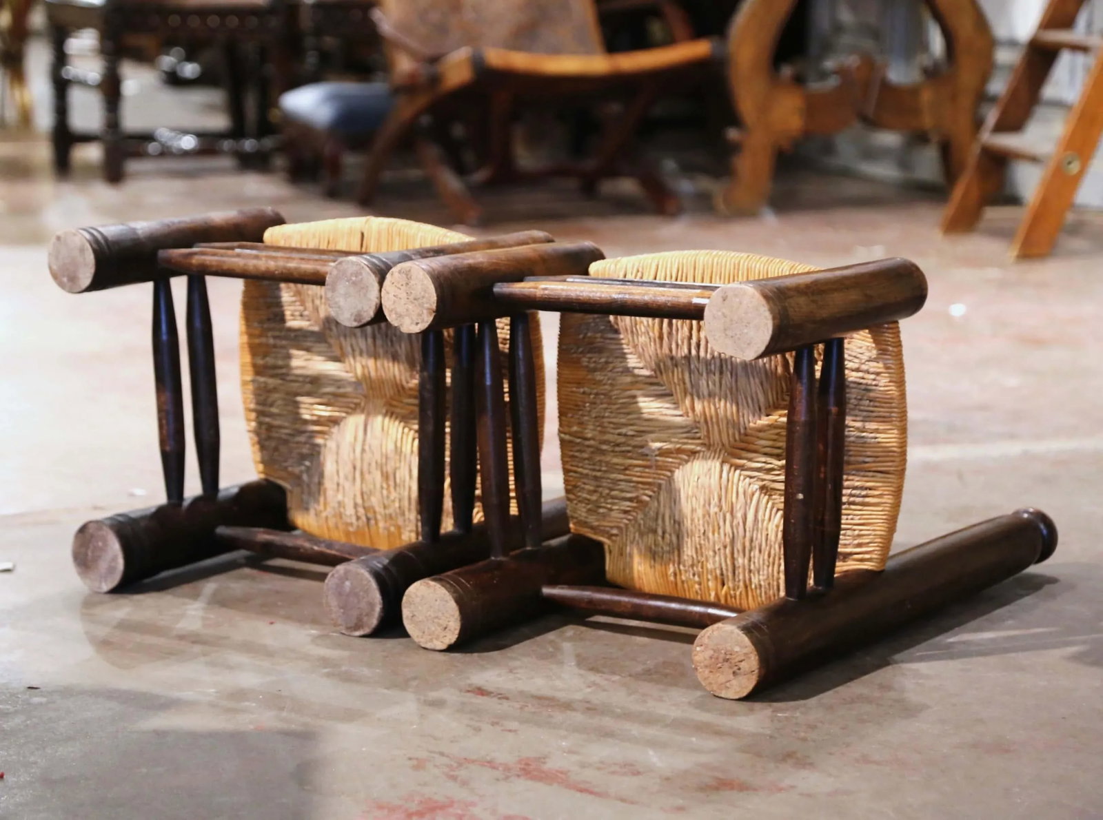 Pair Early 20th Century French Walnut Rush Chairs Attributed to Dudouyt - 10