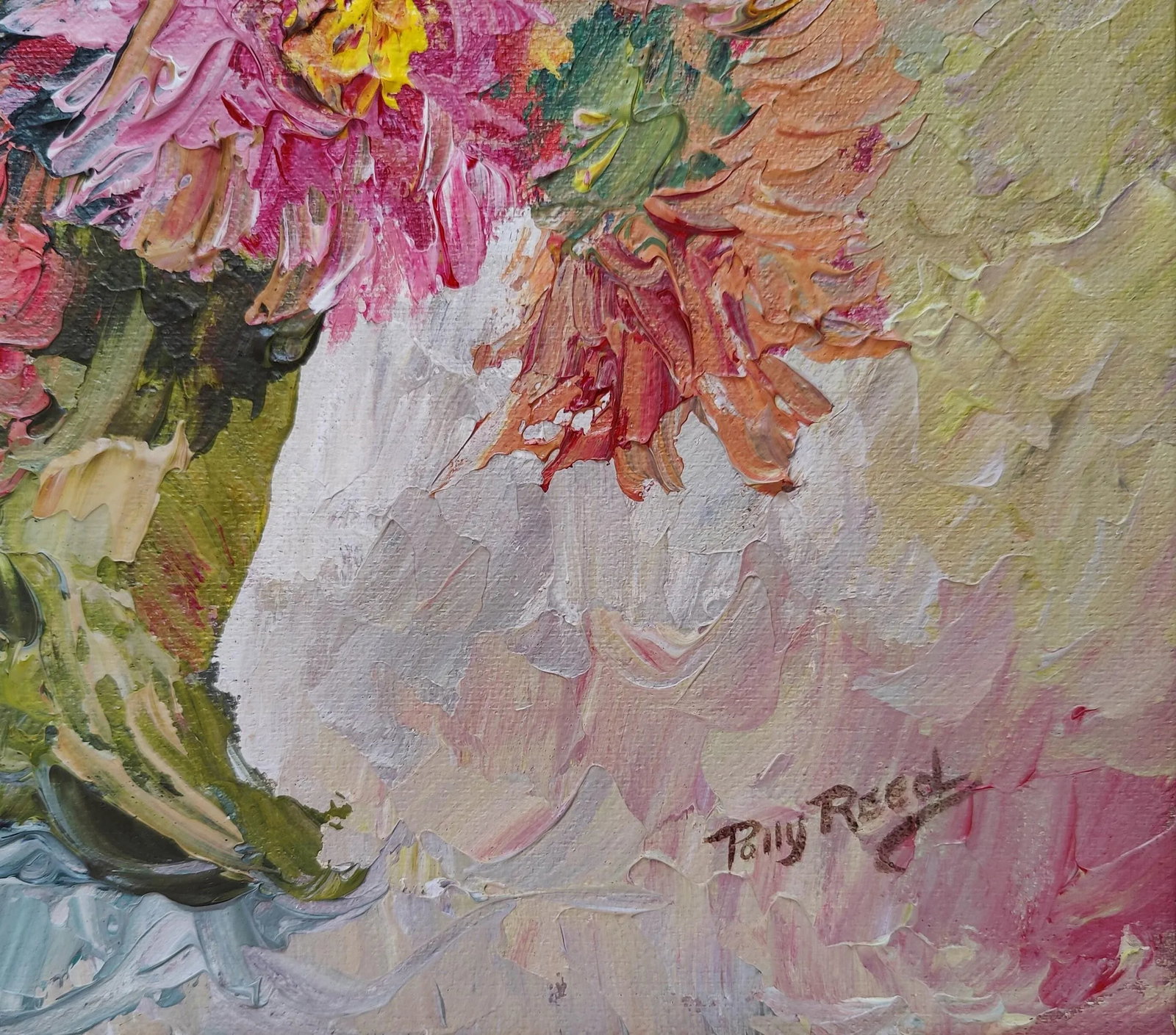 Vintage Impressionist Impasto Dahlias in Vase Floral Still Life Acrylic Painting 17x13 - 5
