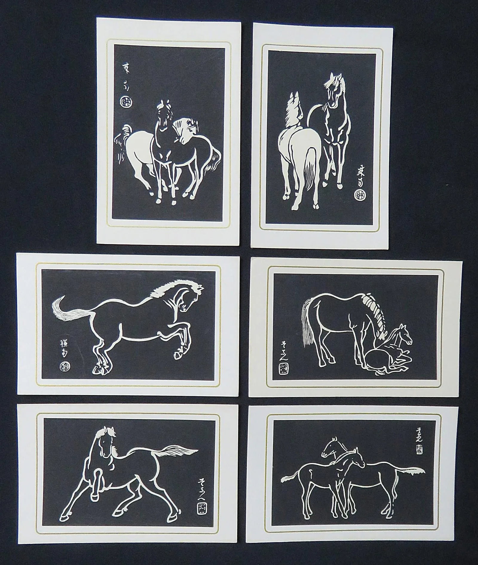 Sonan Noda Japanese Horses Writing Cards Woodblock Prints With Box - Set of 6 - 12