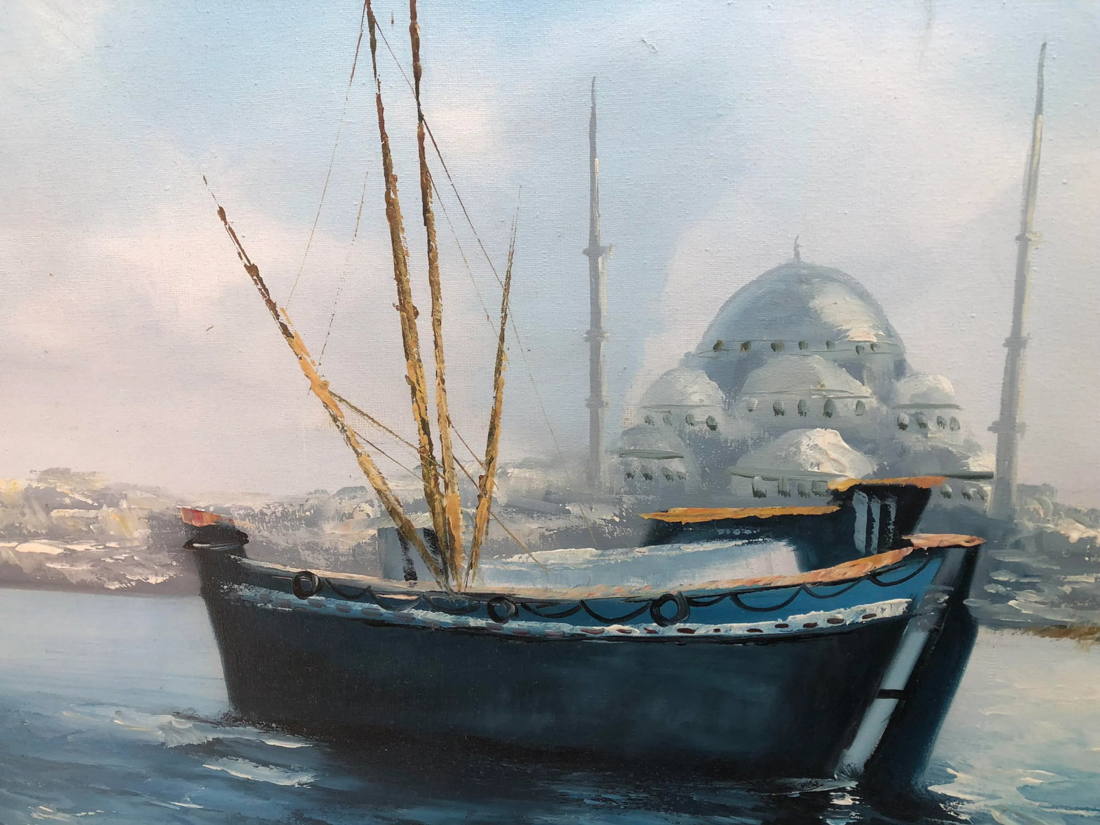 1970s Painting of SailBoats on the Mediterranean With Mosque - 2