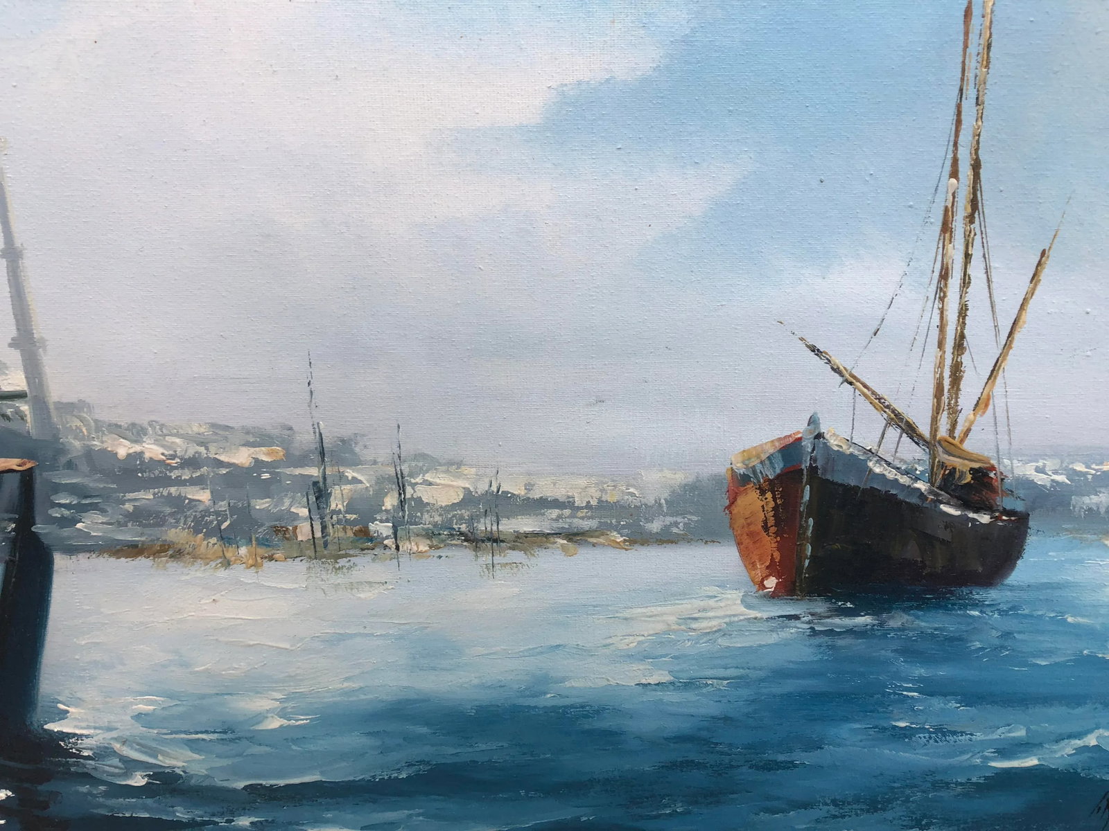 1970s Painting of SailBoats on the Mediterranean With Mosque - 3