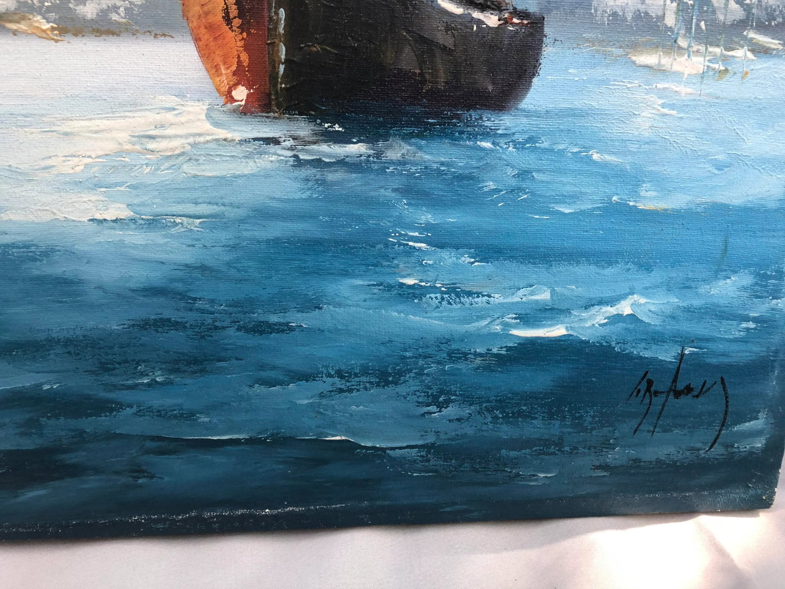 1970s Painting of SailBoats on the Mediterranean With Mosque - 4