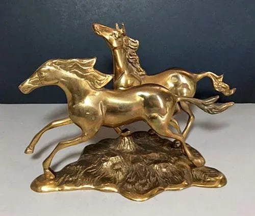 1970's Western, Equestrian Solid Brass Galloping Horses Figurine - 2