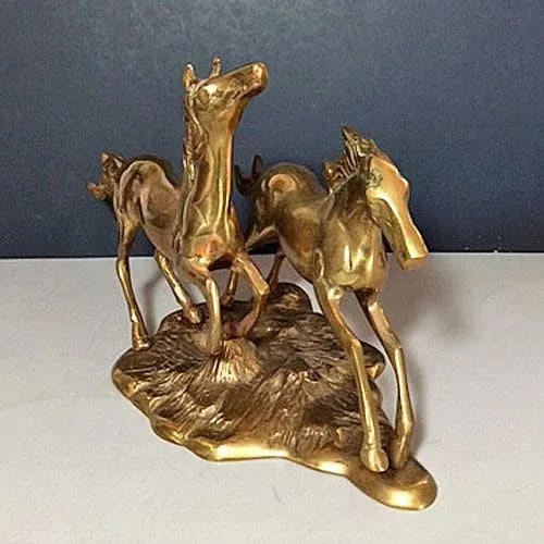 1970's Western, Equestrian Solid Brass Galloping Horses Figurine - 3