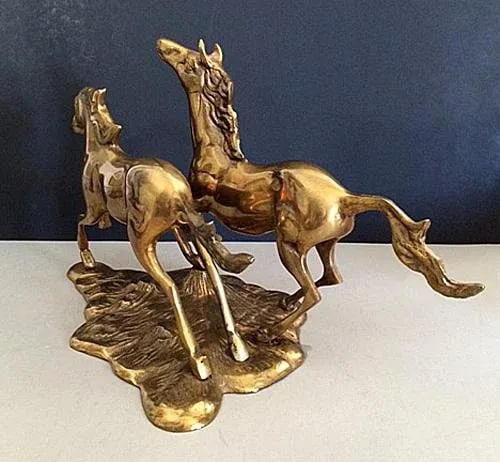1970's Western, Equestrian Solid Brass Galloping Horses Figurine - 4