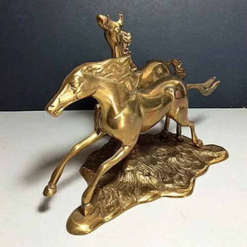 1970's Western, Equestrian Solid Brass Galloping Horses Figurine - 5