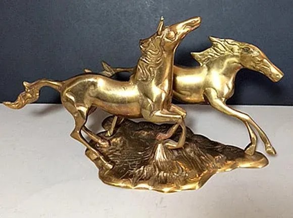 1970's Western, Equestrian Solid Brass Galloping Horses Figurine - 7