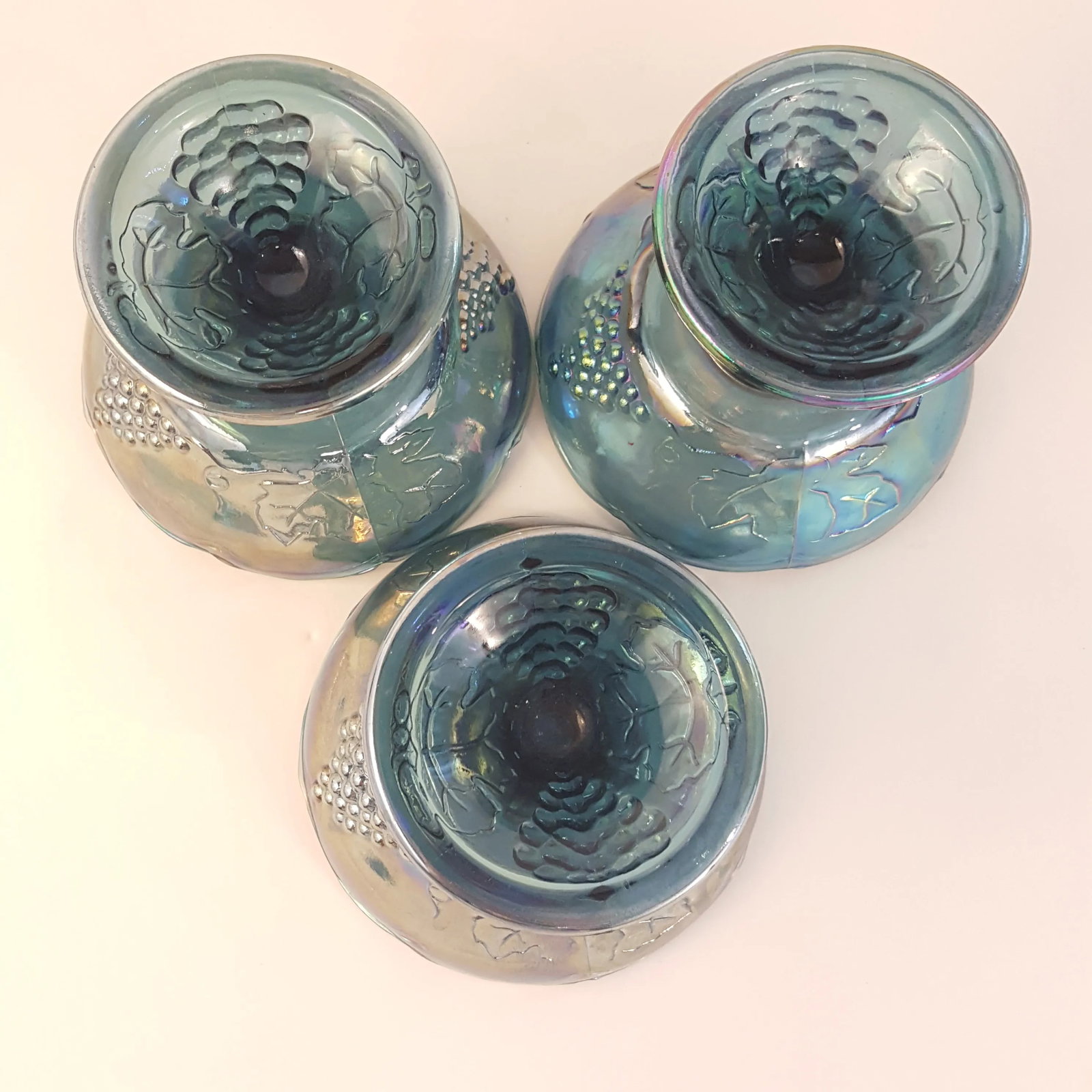 Indiana Glass Harvest Grape Blue Carnival Glass Candle Holders - Set of 3 - 5