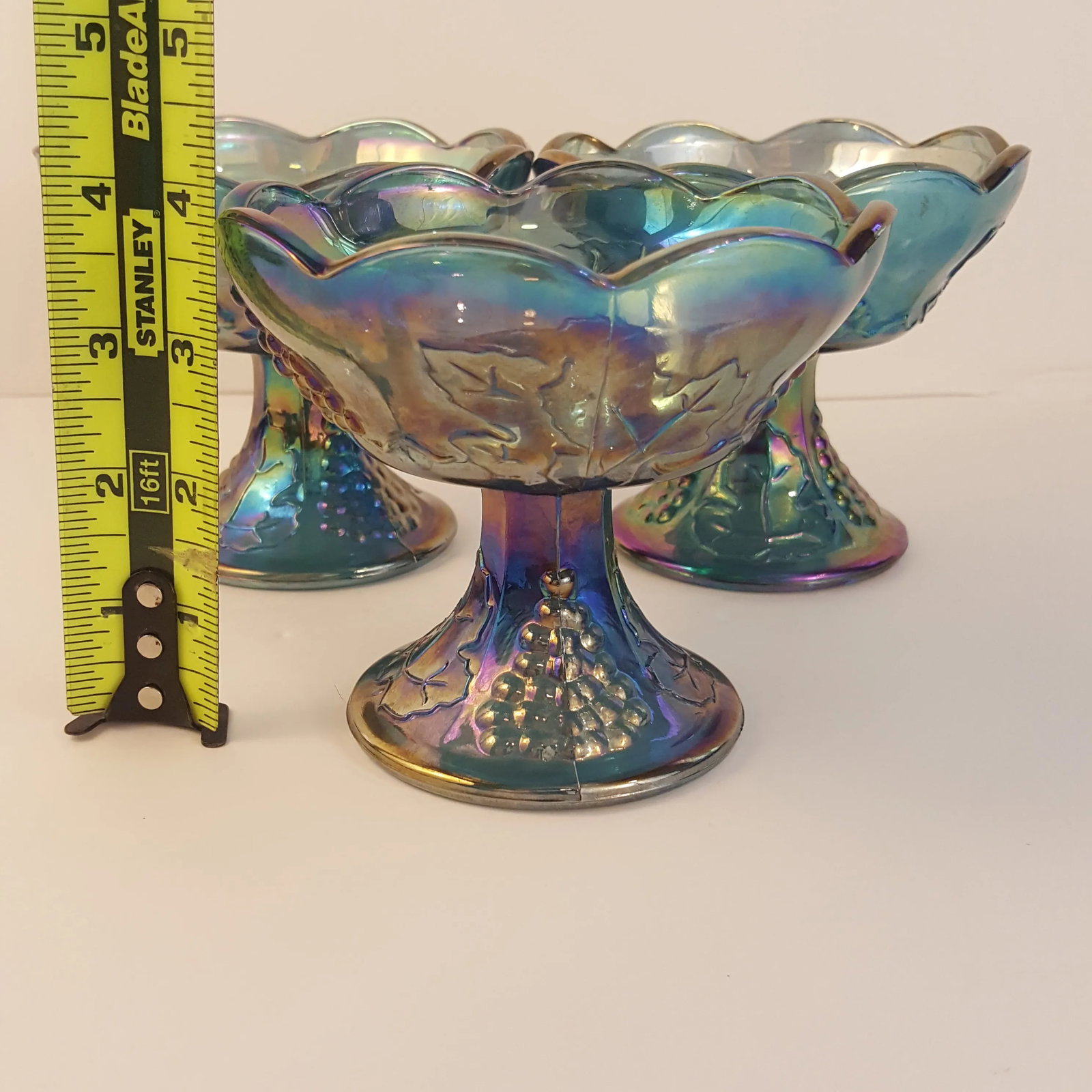 Indiana Glass Harvest Grape Blue Carnival Glass Candle Holders - Set of 3 - 7