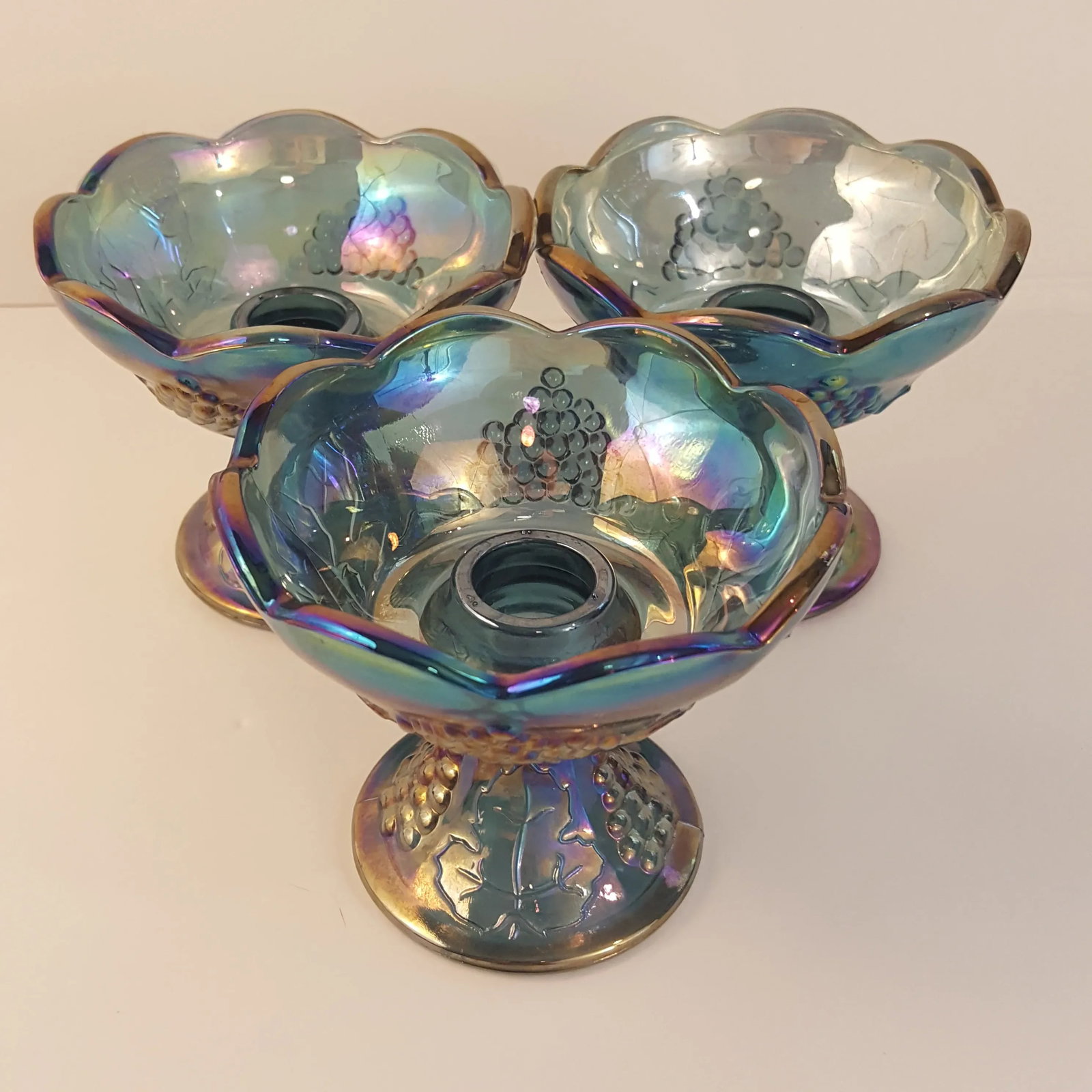 Indiana Glass Harvest Grape Blue Carnival Glass Candle Holders - Set of 3 - 8