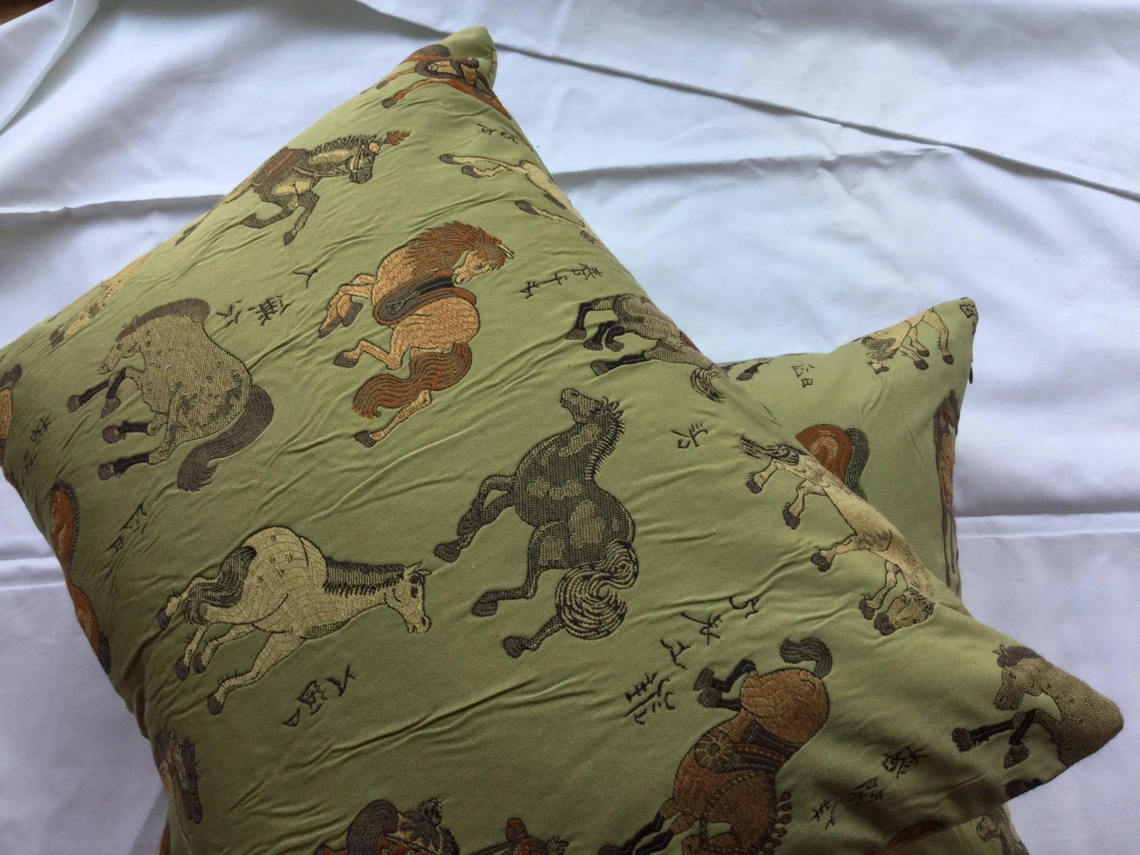 Vintage Green Embroidered Horses Pillow - 2