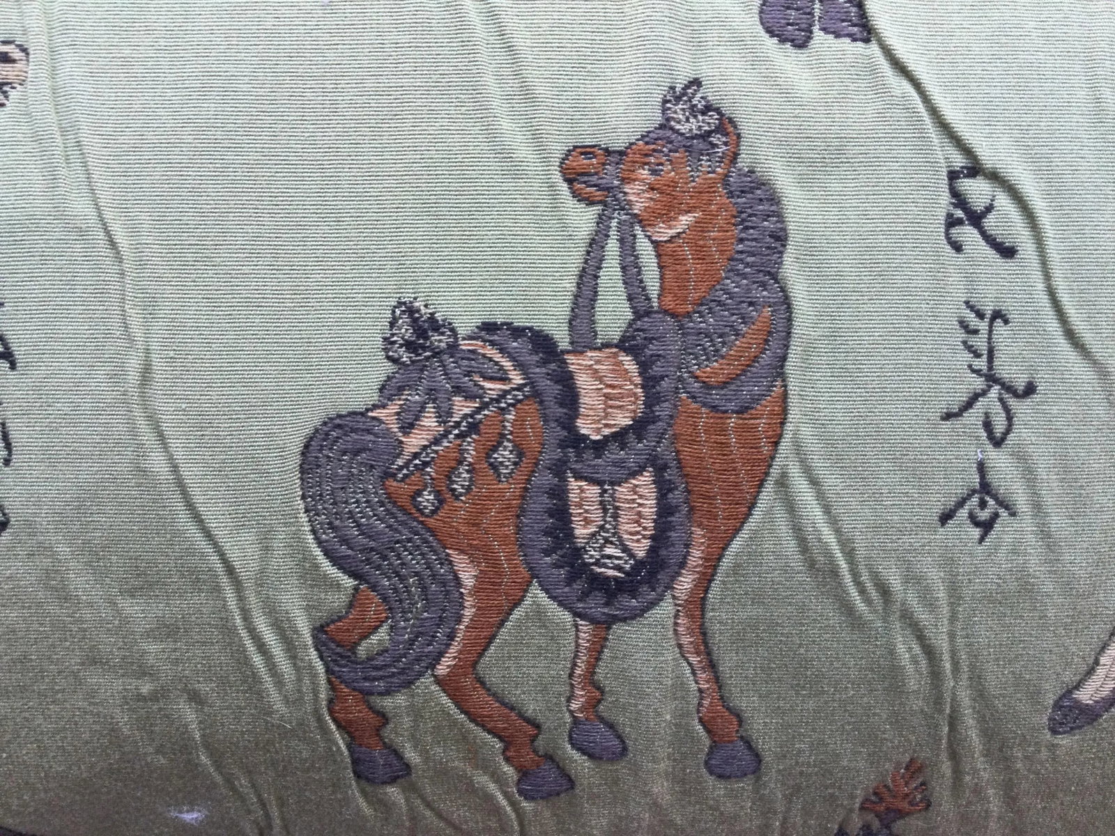 Vintage Green Embroidered Horses Pillow - 4