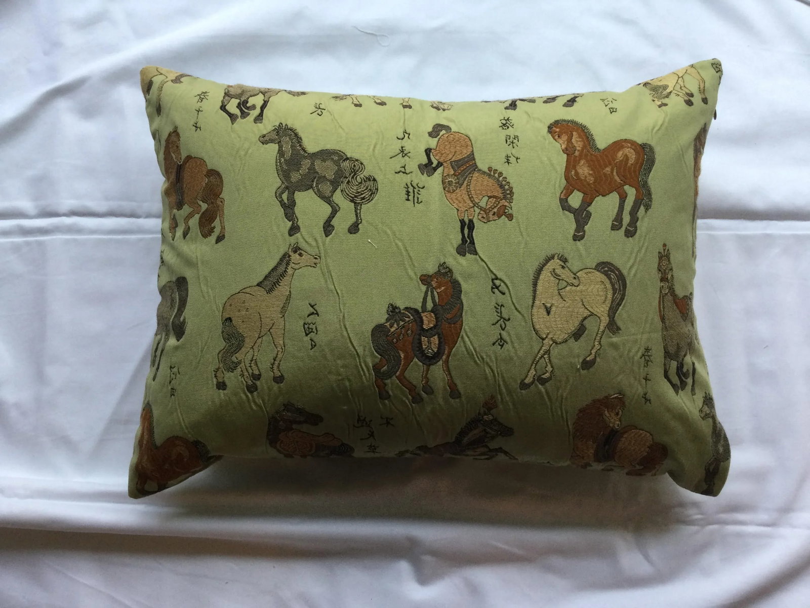 Vintage Green Embroidered Horses Pillow - 5
