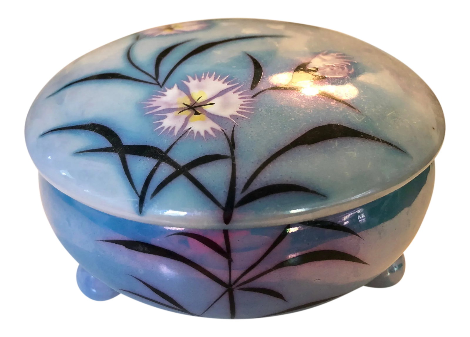Vintage Art Deco Japanese Floral Lusterware Box: Lovely little round box! In the sweetest French blue hand-painted with floral motifs. Round in shape with 3 ball shaped feet. Excellent decorative trinket box. Condition: Alterations: Original Conditi