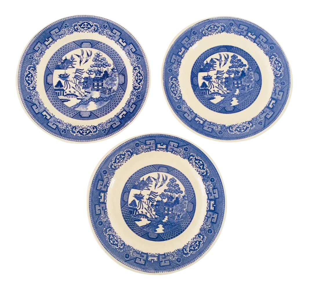 Vintage Blue Porcelain Willow Plates - Set of 3 (1 of 6)