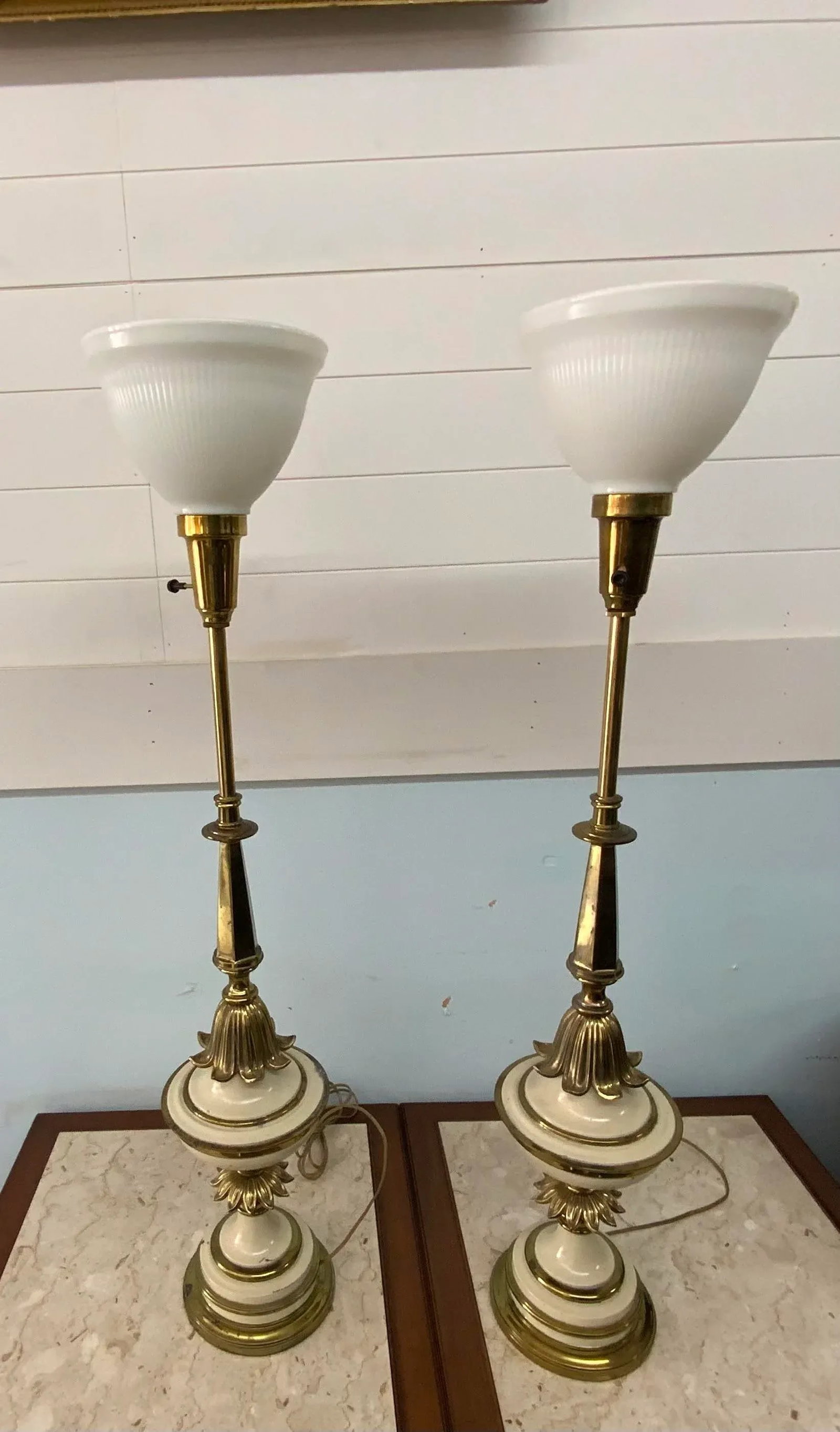 1960s Stiffel Style Brass and Enamel Torchiere Table Lamps - a Pair - 2