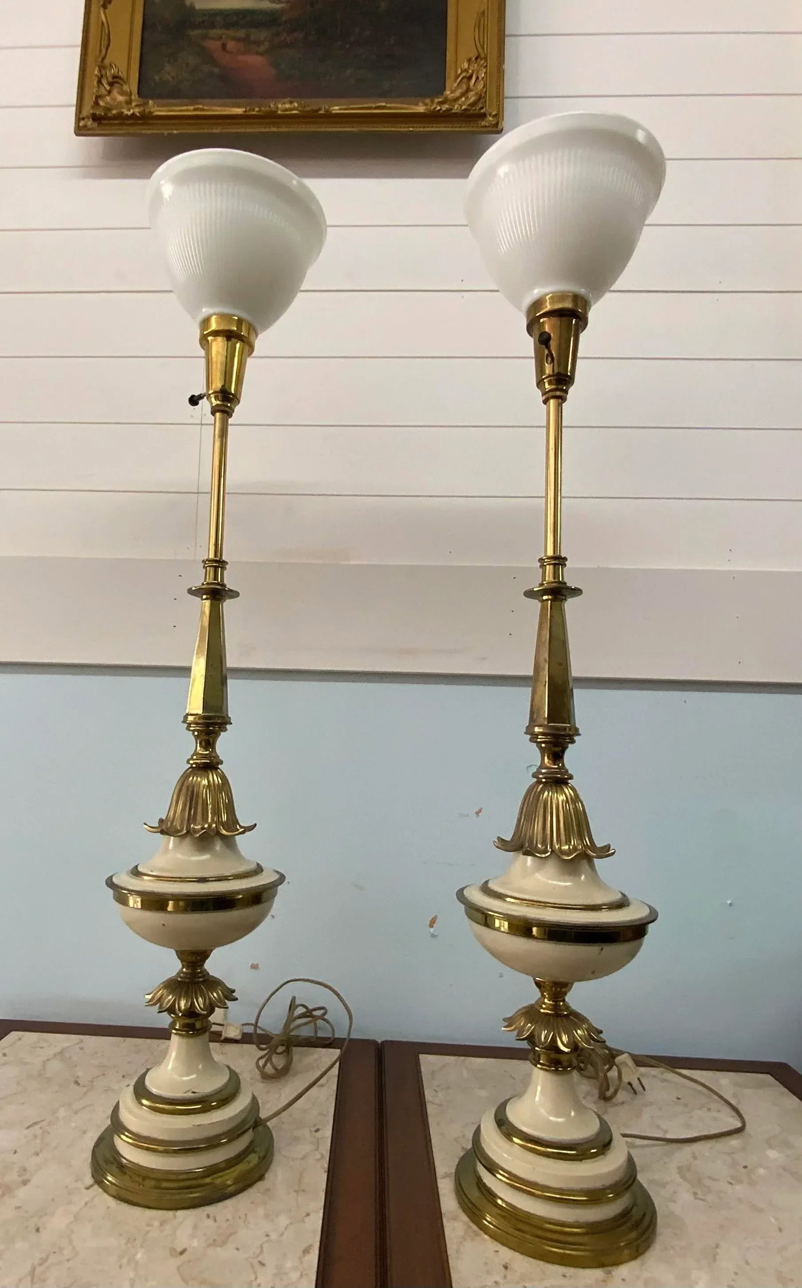 1960s Stiffel Style Brass and Enamel Torchiere Table Lamps - a Pair - 3