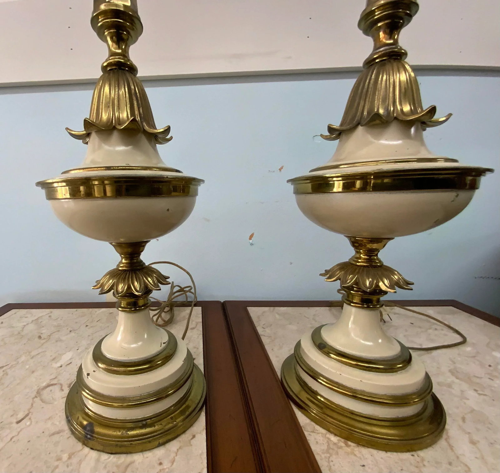 1960s Stiffel Style Brass and Enamel Torchiere Table Lamps - a Pair - 4