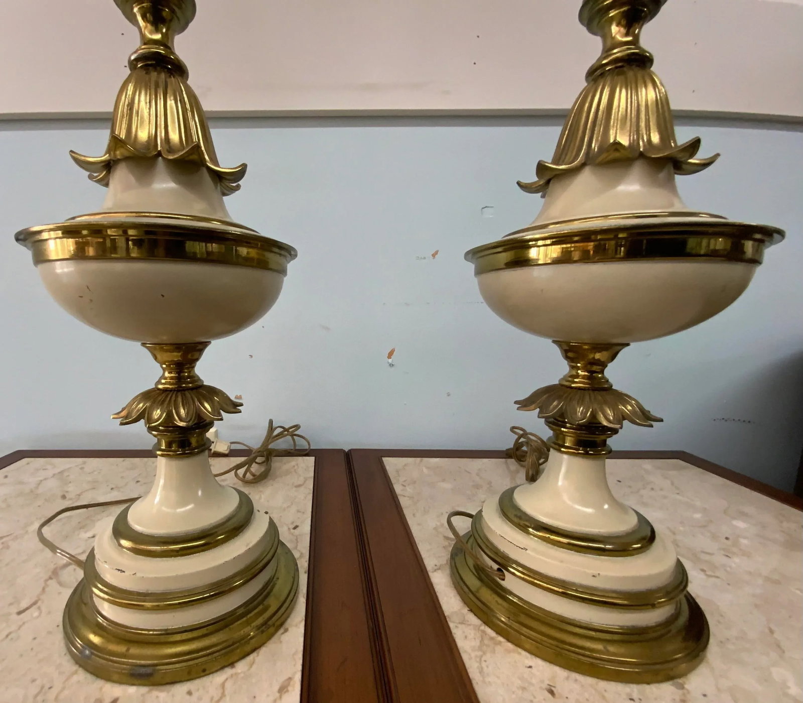 1960s Stiffel Style Brass and Enamel Torchiere Table Lamps - a Pair - 5