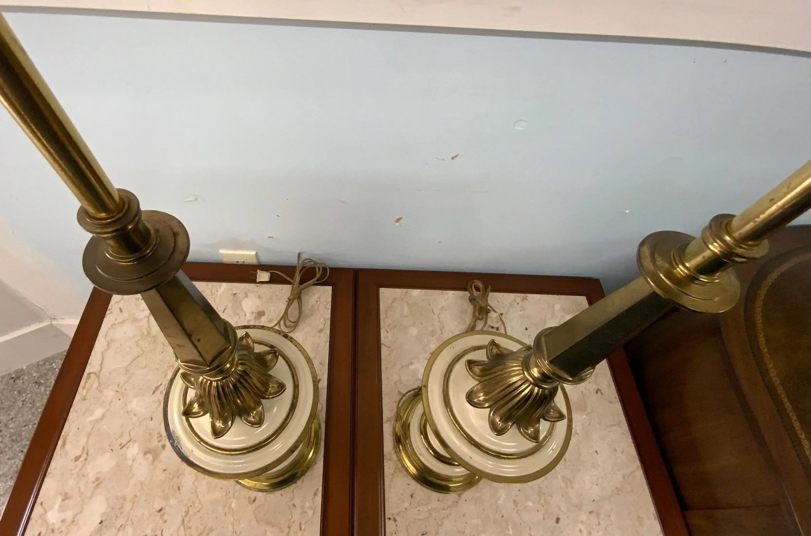 1960s Stiffel Style Brass and Enamel Torchiere Table Lamps - a Pair - 6