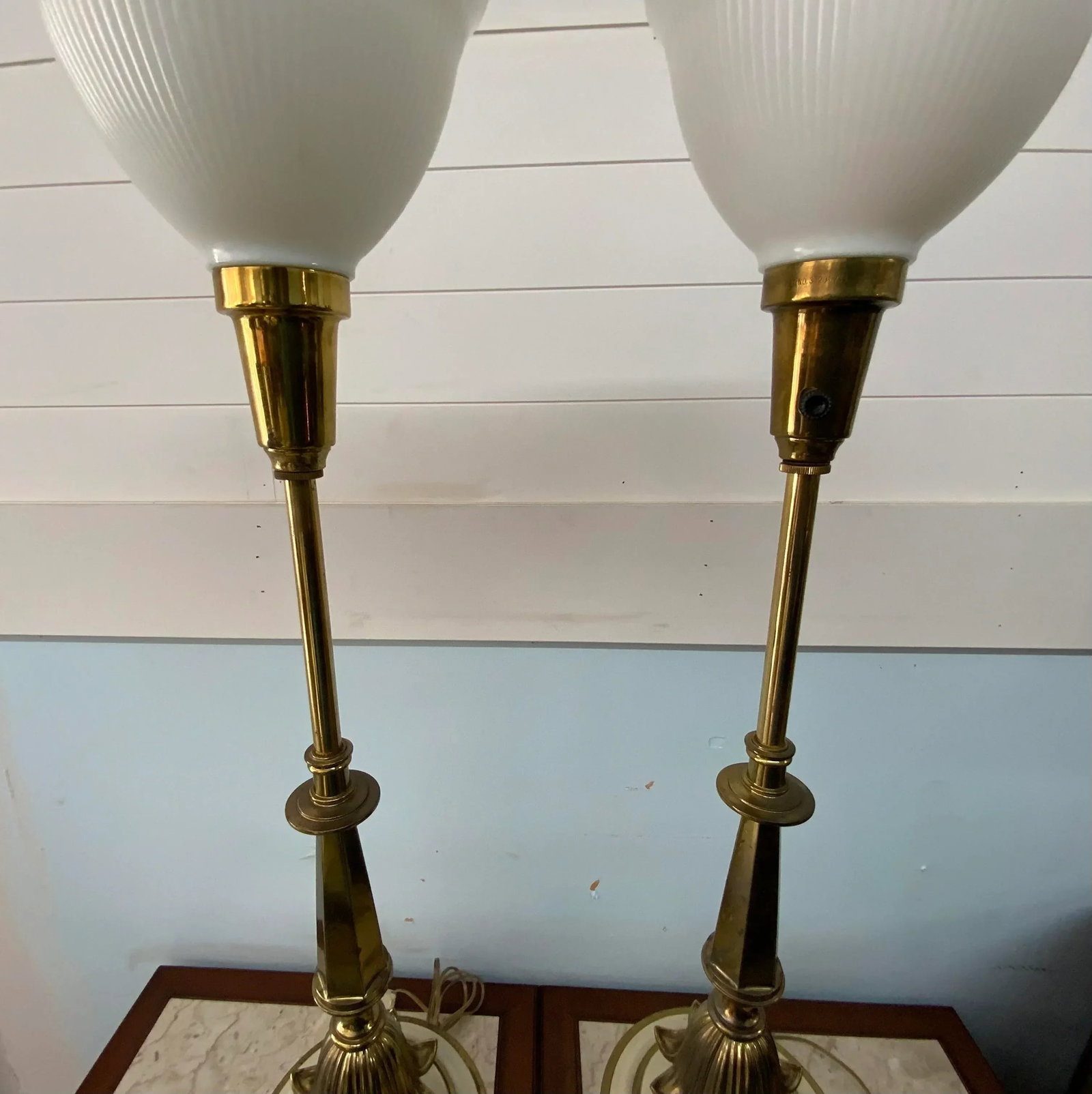1960s Stiffel Style Brass and Enamel Torchiere Table Lamps - a Pair - 7