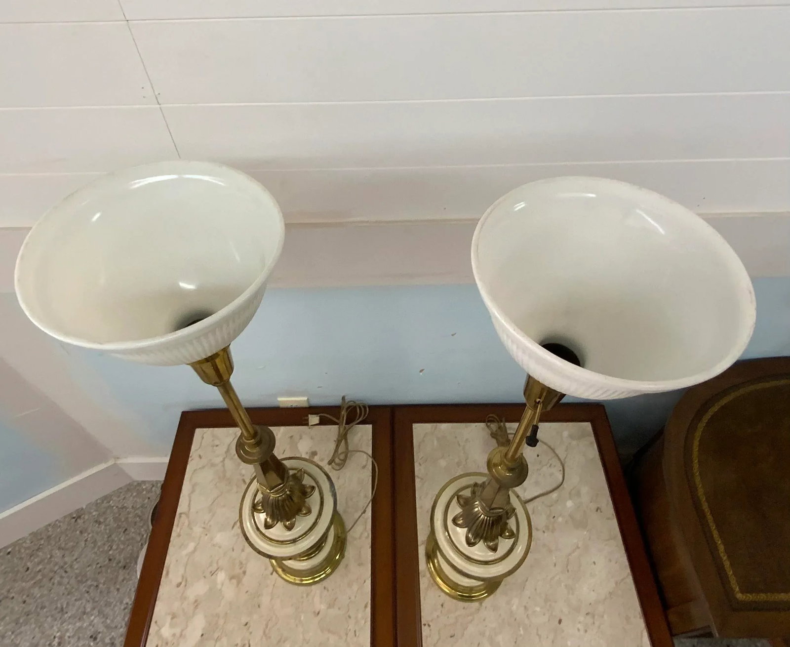 1960s Stiffel Style Brass and Enamel Torchiere Table Lamps - a Pair - 9