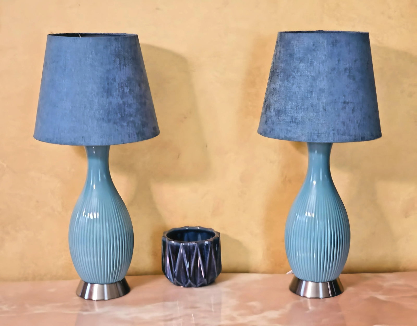 21st Century Modern Turquoise Aqua Blue Ceramic Vase Lamps on Silver Base, a Pair - 11