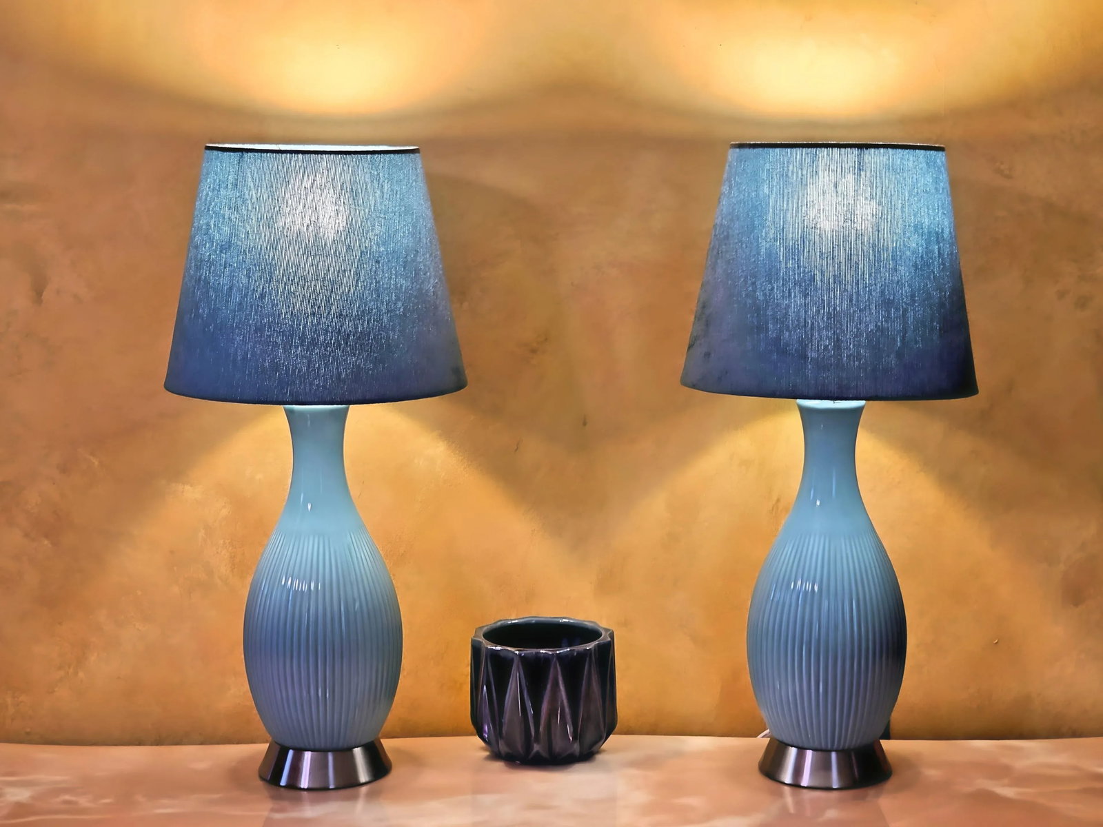 21st Century Modern Turquoise Aqua Blue Ceramic Vase Lamps on Silver Base, a Pair - 12