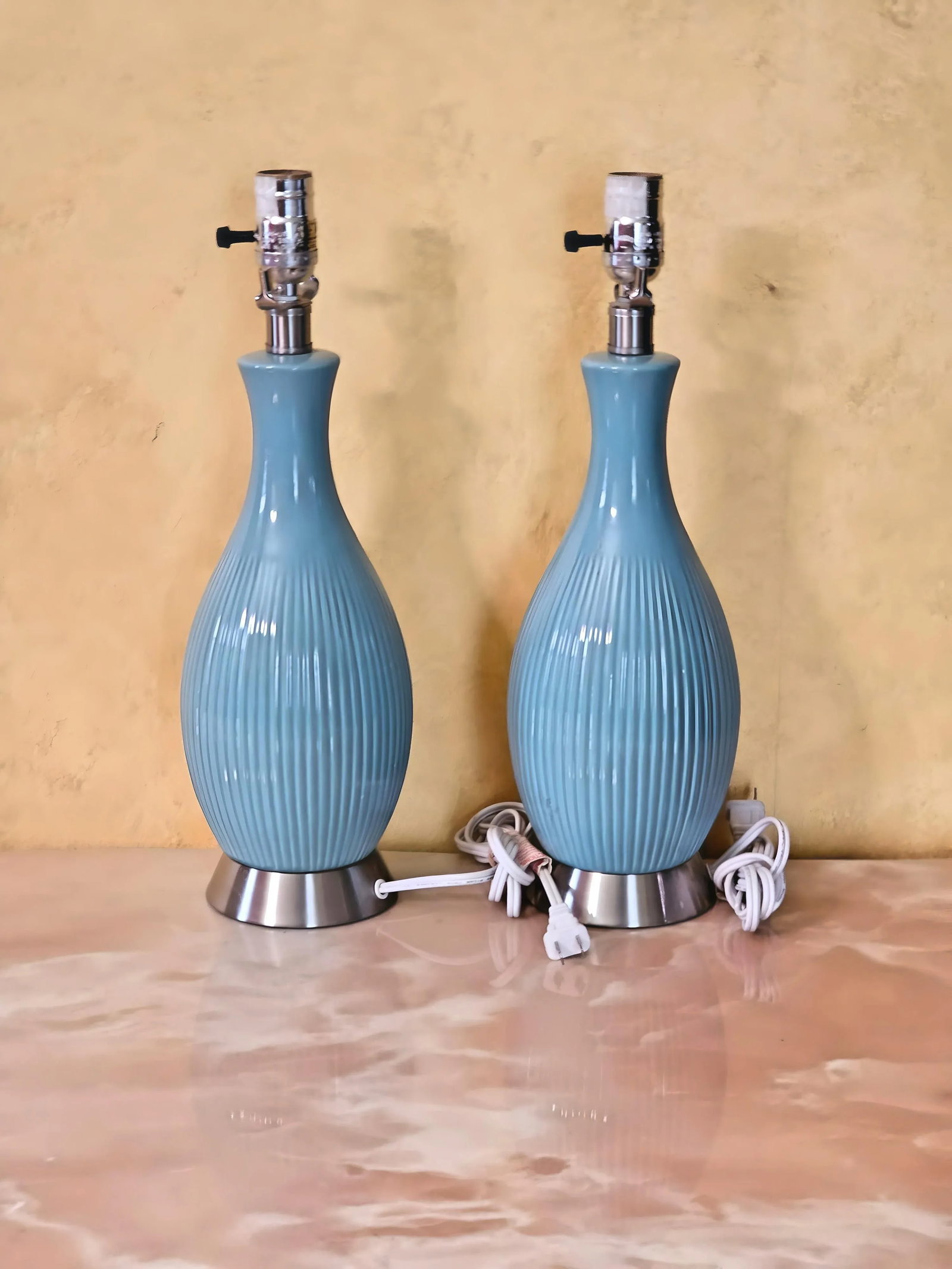 21st Century Modern Turquoise Aqua Blue Ceramic Vase Lamps on Silver Base, a Pair - 3