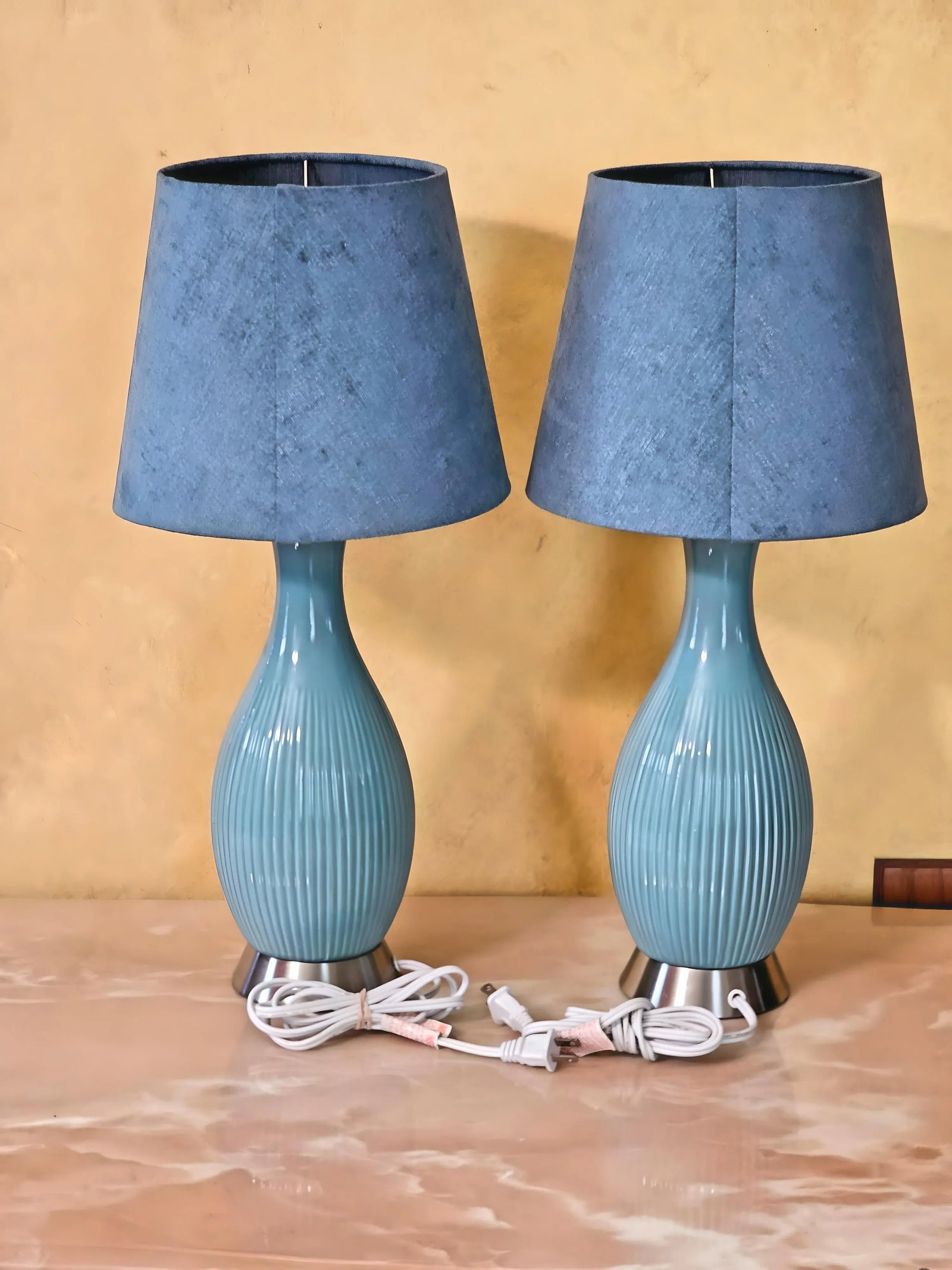 21st Century Modern Turquoise Aqua Blue Ceramic Vase Lamps on Silver Base, a Pair - 4