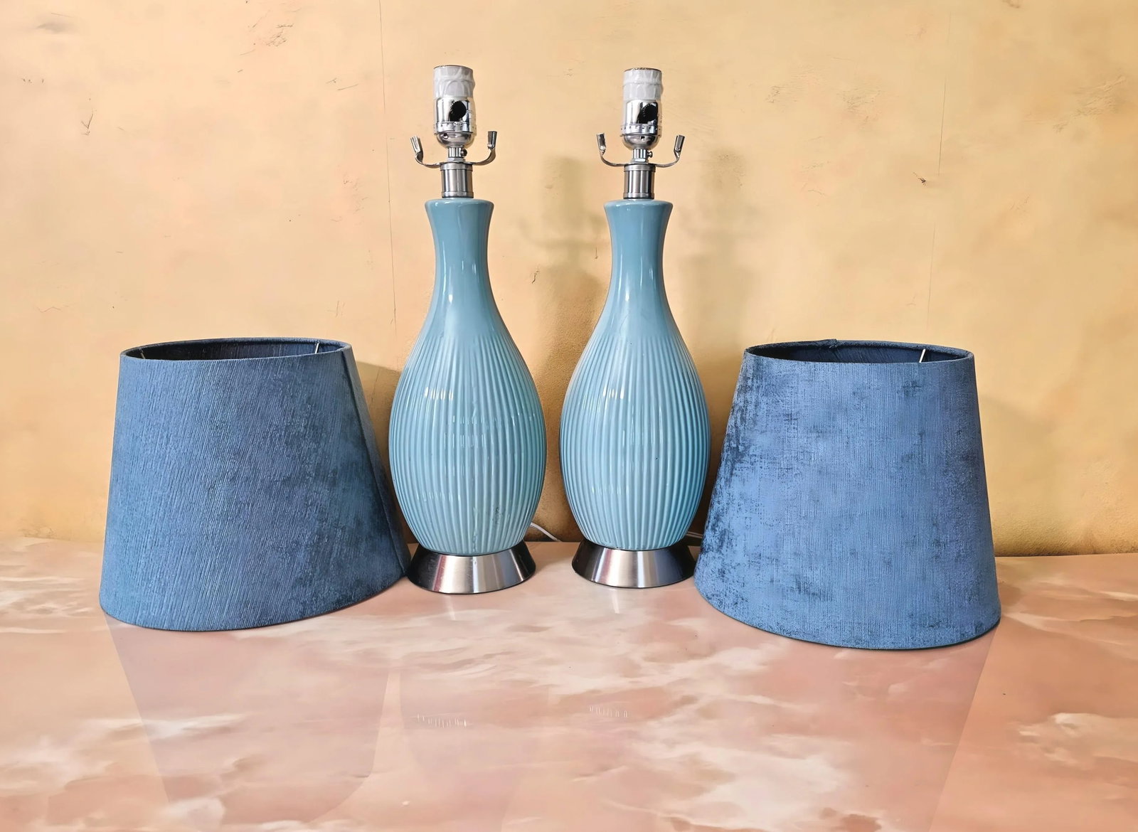 21st Century Modern Turquoise Aqua Blue Ceramic Vase Lamps on Silver Base, a Pair - 5